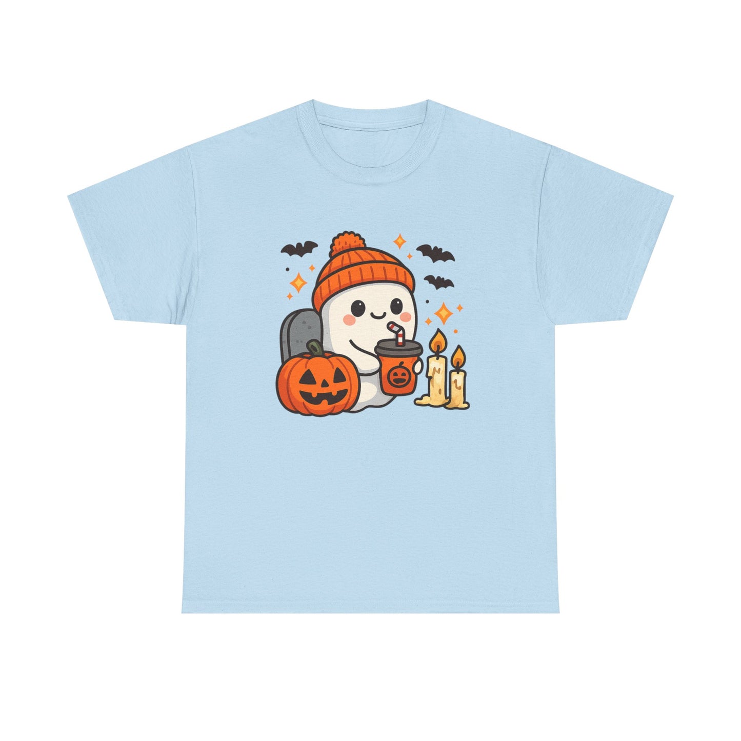 Ghostly Halloween Tee, Cute Pumpkin Season Shirt, Spooky Fall T-Shirt, Unisex Heavy Cotton Tee, Drinking Ghost Shirt, Halloween Gift