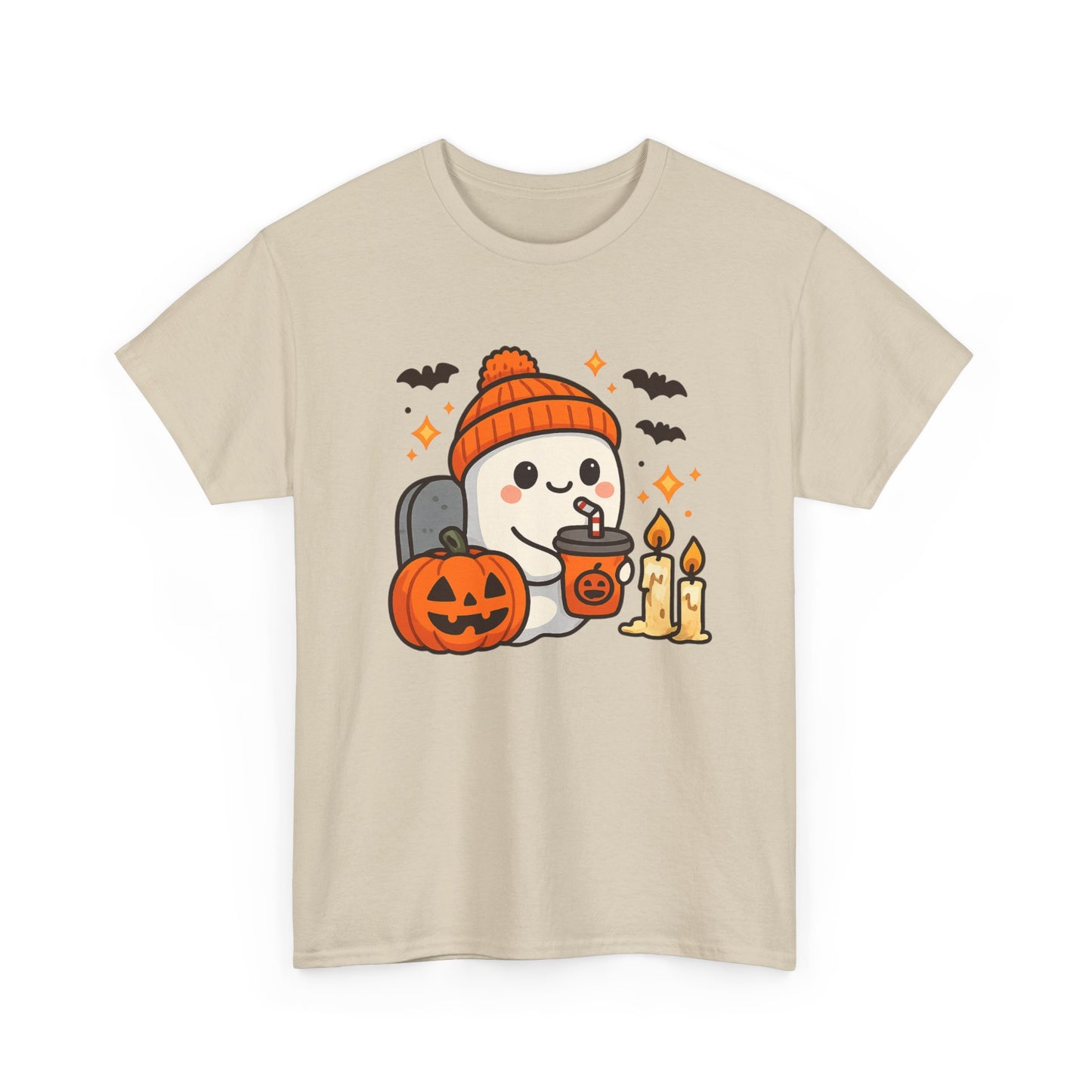 Ghostly Halloween Tee, Cute Pumpkin Season Shirt, Spooky Fall T-Shirt, Unisex Heavy Cotton Tee, Drinking Ghost Shirt, Halloween Gift