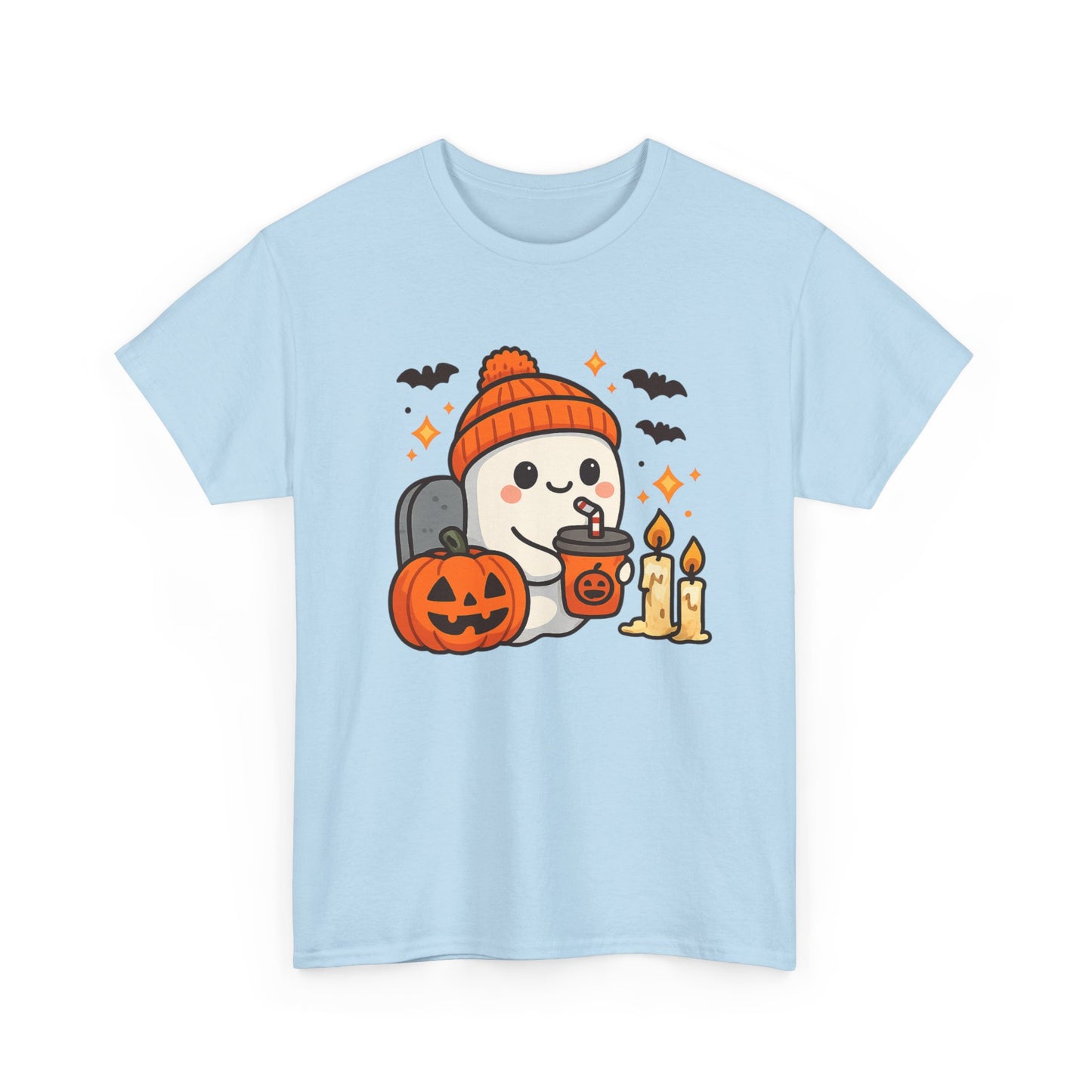 Ghostly Halloween Tee, Cute Pumpkin Season Shirt, Spooky Fall T-Shirt, Unisex Heavy Cotton Tee, Drinking Ghost Shirt, Halloween Gift