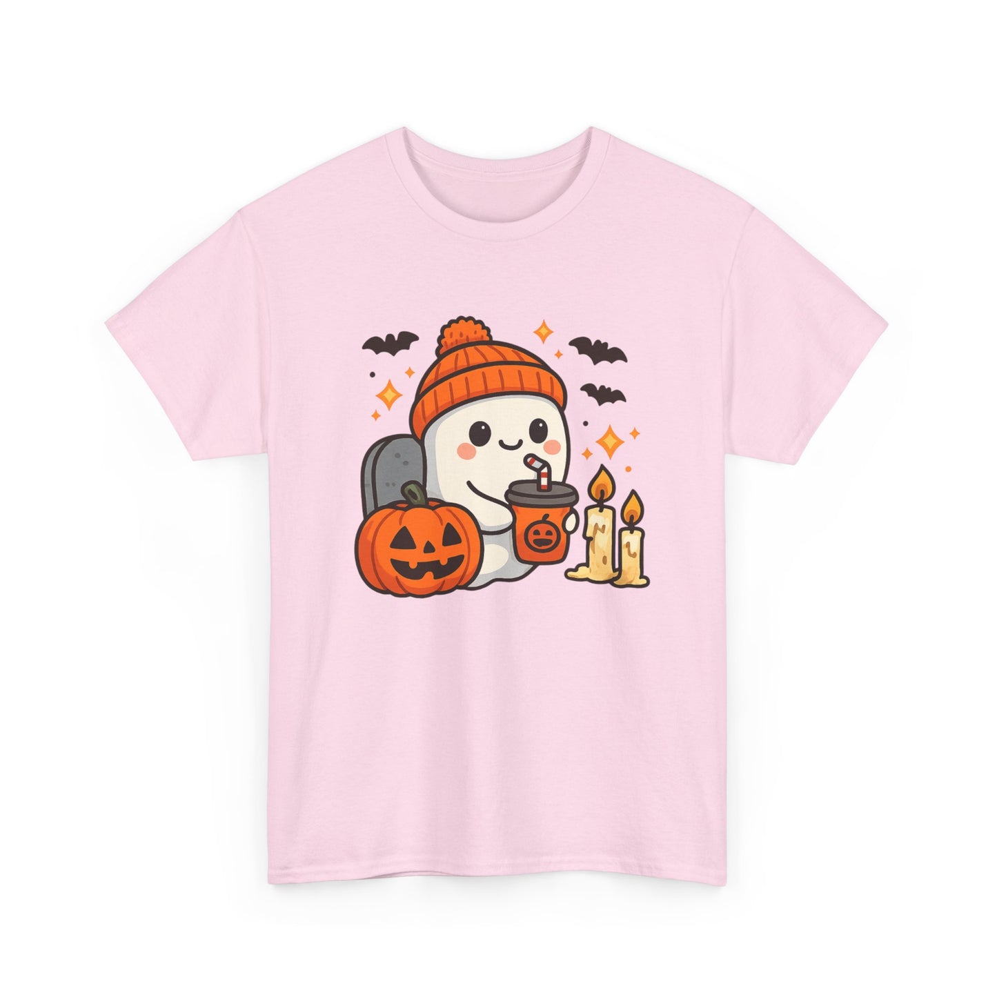 Ghostly Halloween Tee, Cute Pumpkin Season Shirt, Spooky Fall T-Shirt, Unisex Heavy Cotton Tee, Drinking Ghost Shirt, Halloween Gift