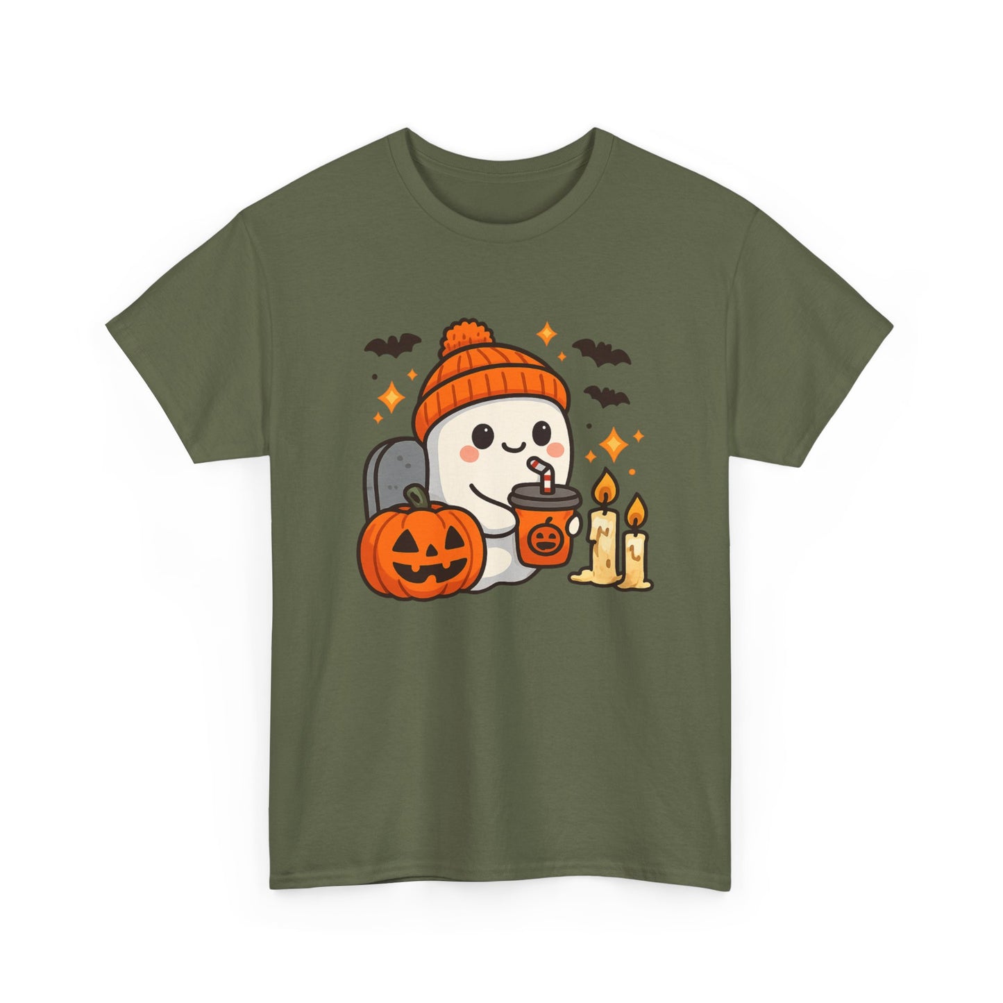 Ghostly Halloween Tee, Cute Pumpkin Season Shirt, Spooky Fall T-Shirt, Unisex Heavy Cotton Tee, Drinking Ghost Shirt, Halloween Gift