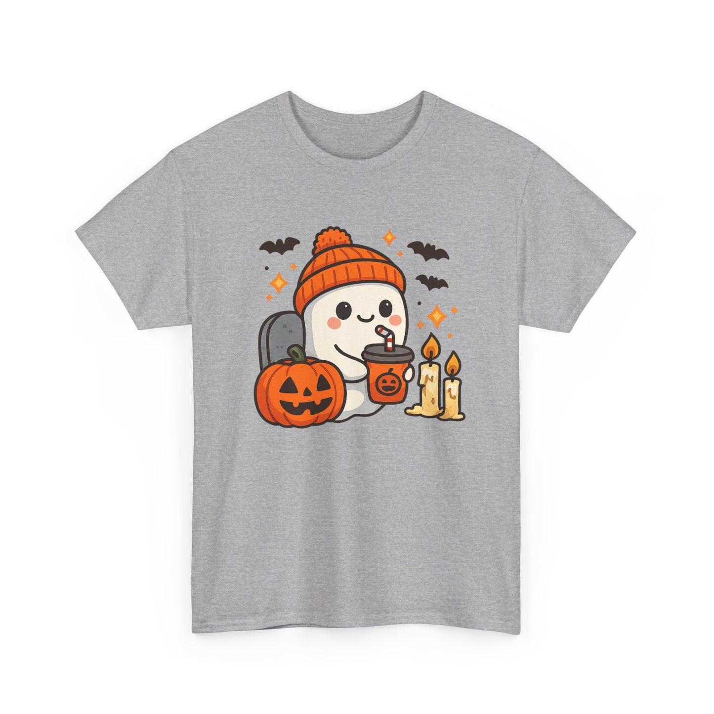 Ghostly Halloween Tee, Cute Pumpkin Season Shirt, Spooky Fall T-Shirt, Unisex Heavy Cotton Tee, Drinking Ghost Shirt, Halloween Gift