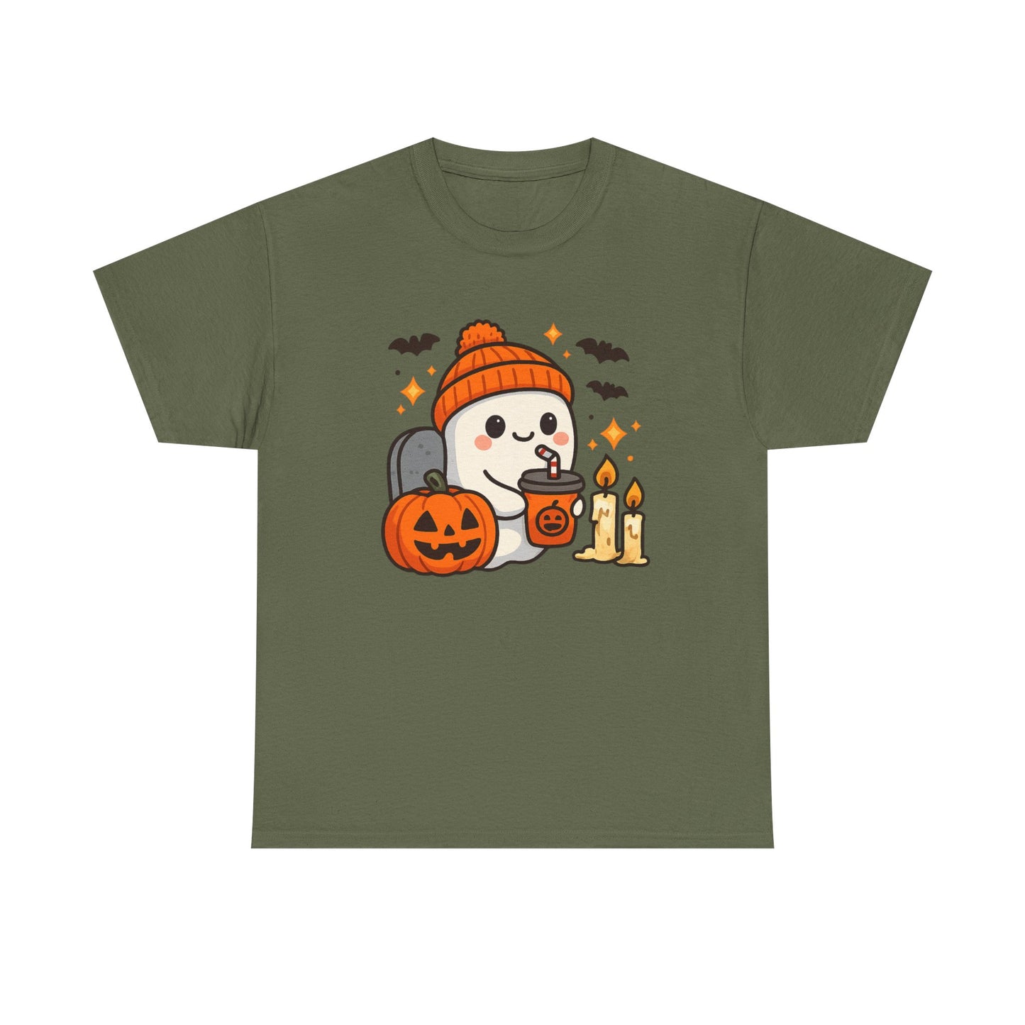 Ghostly Halloween Tee, Cute Pumpkin Season Shirt, Spooky Fall T-Shirt, Unisex Heavy Cotton Tee, Drinking Ghost Shirt, Halloween Gift