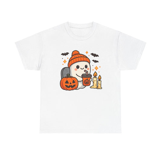 Ghostly Halloween Tee, Cute Pumpkin Season Shirt, Spooky Fall T-Shirt, Unisex Heavy Cotton Tee, Drinking Ghost Shirt, Halloween Gift