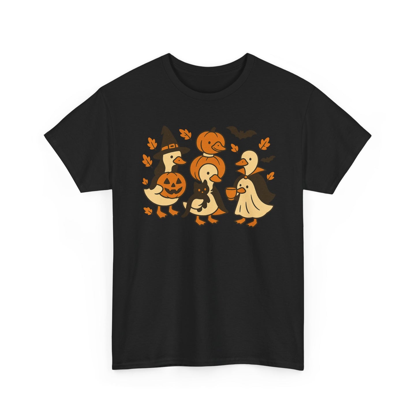 Halloween Duck Tee, Funny Pumpkin Duck Shirt, Witch Duck, Spooky Season Costume, Unisex Cotton T-Shirt, Duck with Black Cat, Halloween Gift