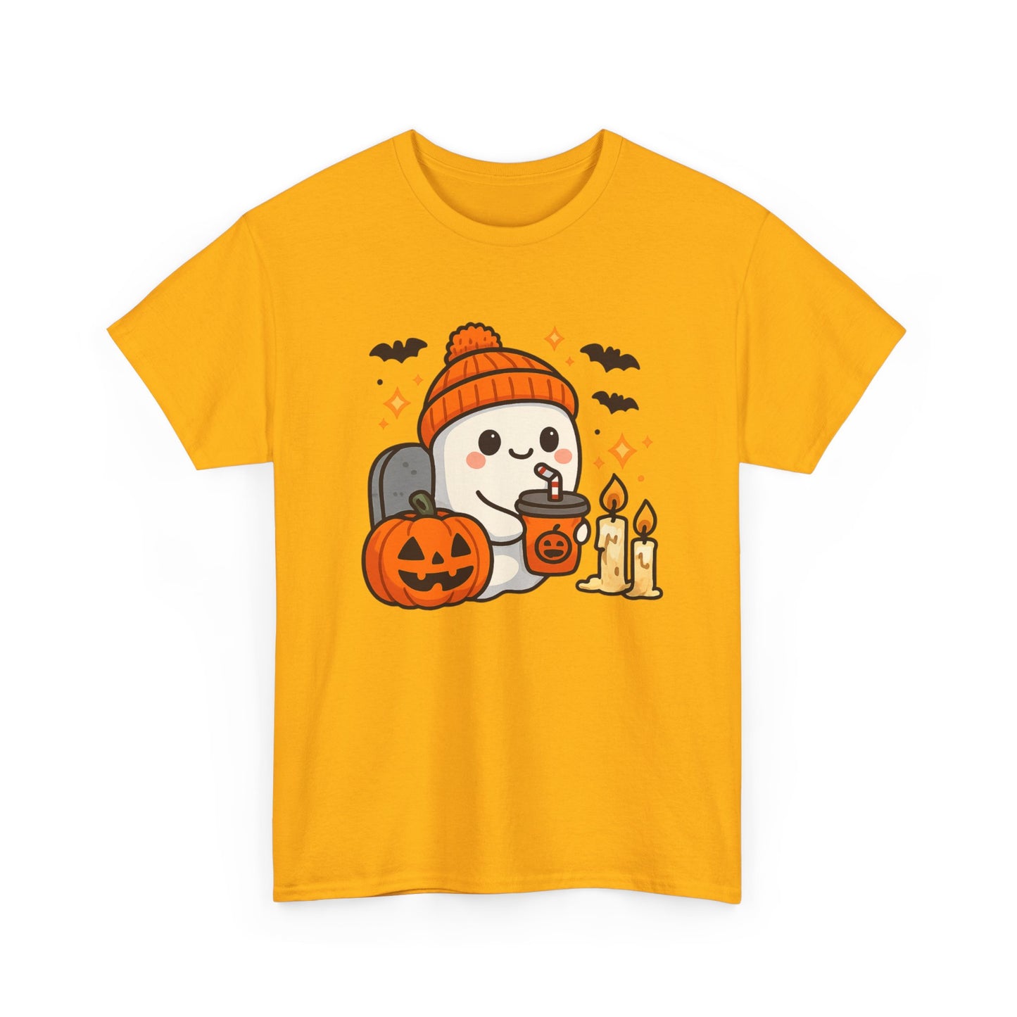 Ghostly Halloween Tee, Cute Pumpkin Season Shirt, Spooky Fall T-Shirt, Unisex Heavy Cotton Tee, Drinking Ghost Shirt, Halloween Gift
