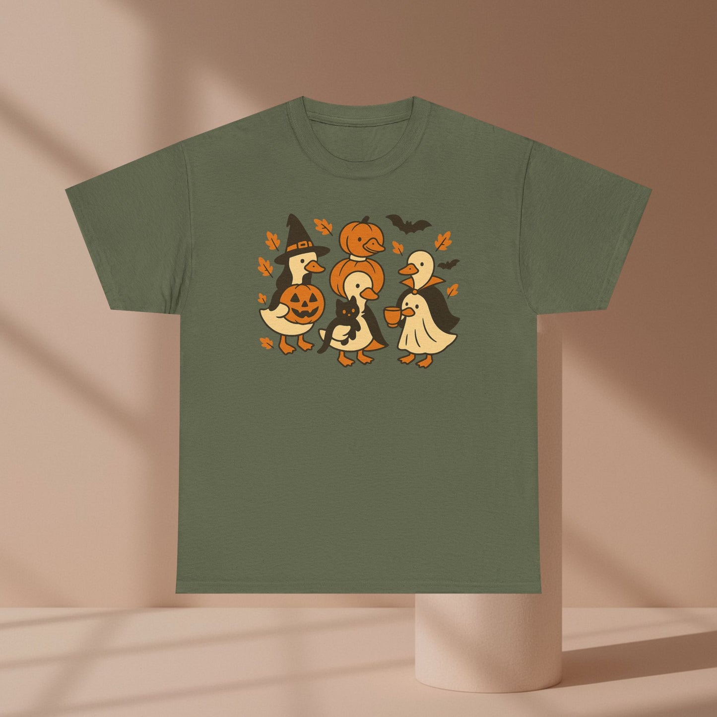 Halloween Duck Tee, Funny Pumpkin Duck Shirt, Witch Duck, Spooky Season Costume, Unisex Cotton T-Shirt, Duck with Black Cat, Halloween Gift