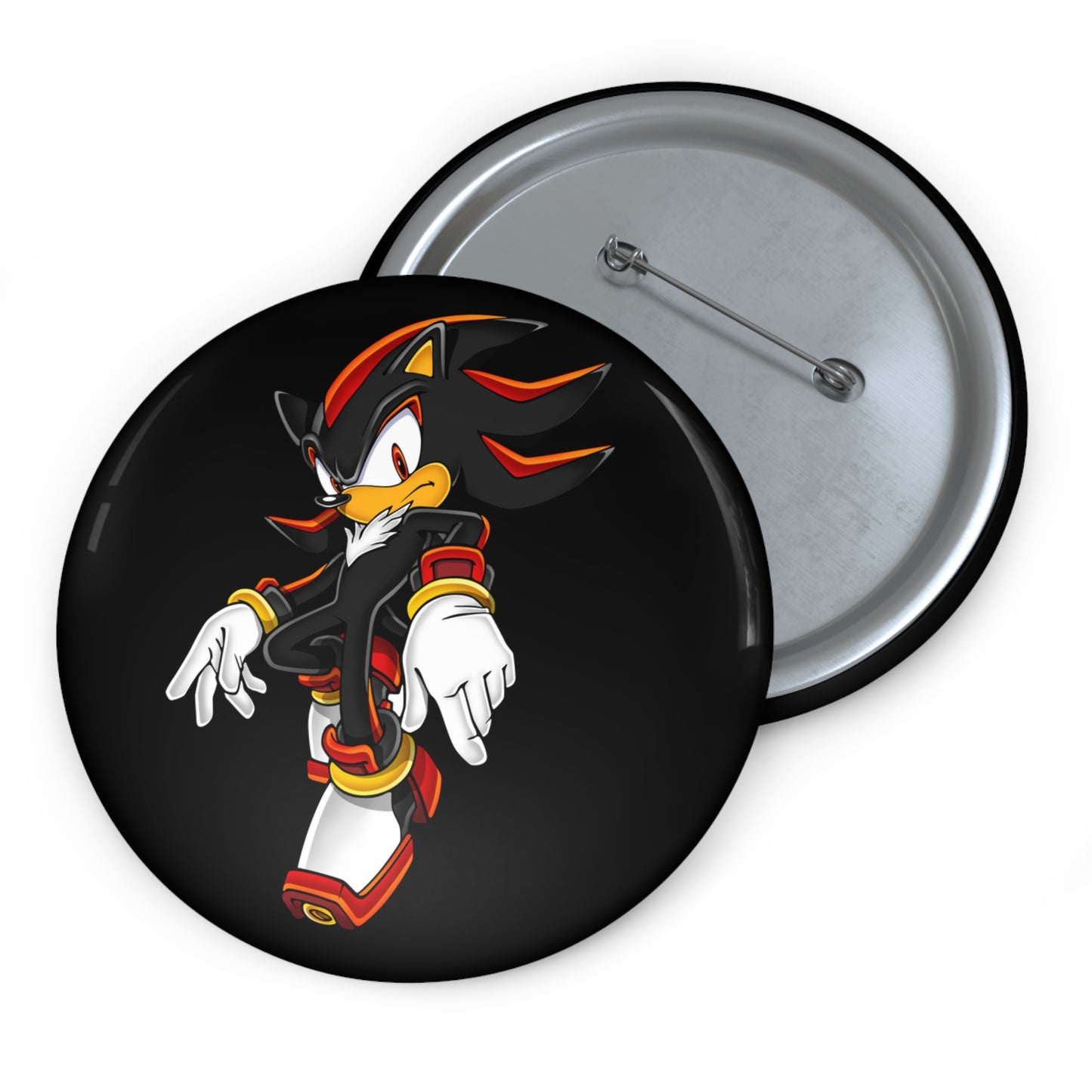 Shadow the Hedgehog custom pin buttons, metal pin with safety backing, UV-resistant glossy finish, durable Shadow pins, 3 size options