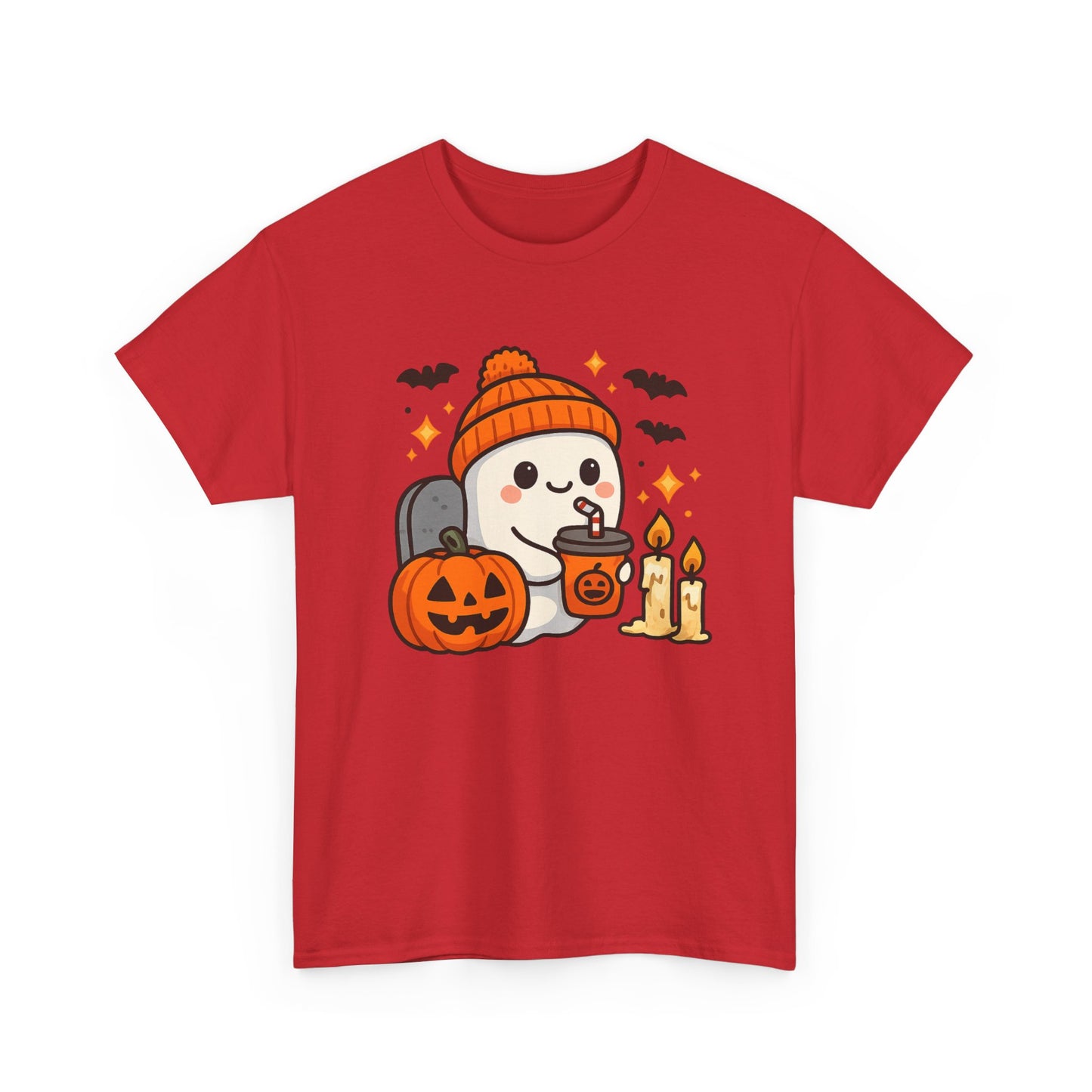 Ghostly Halloween Tee, Cute Pumpkin Season Shirt, Spooky Fall T-Shirt, Unisex Heavy Cotton Tee, Drinking Ghost Shirt, Halloween Gift
