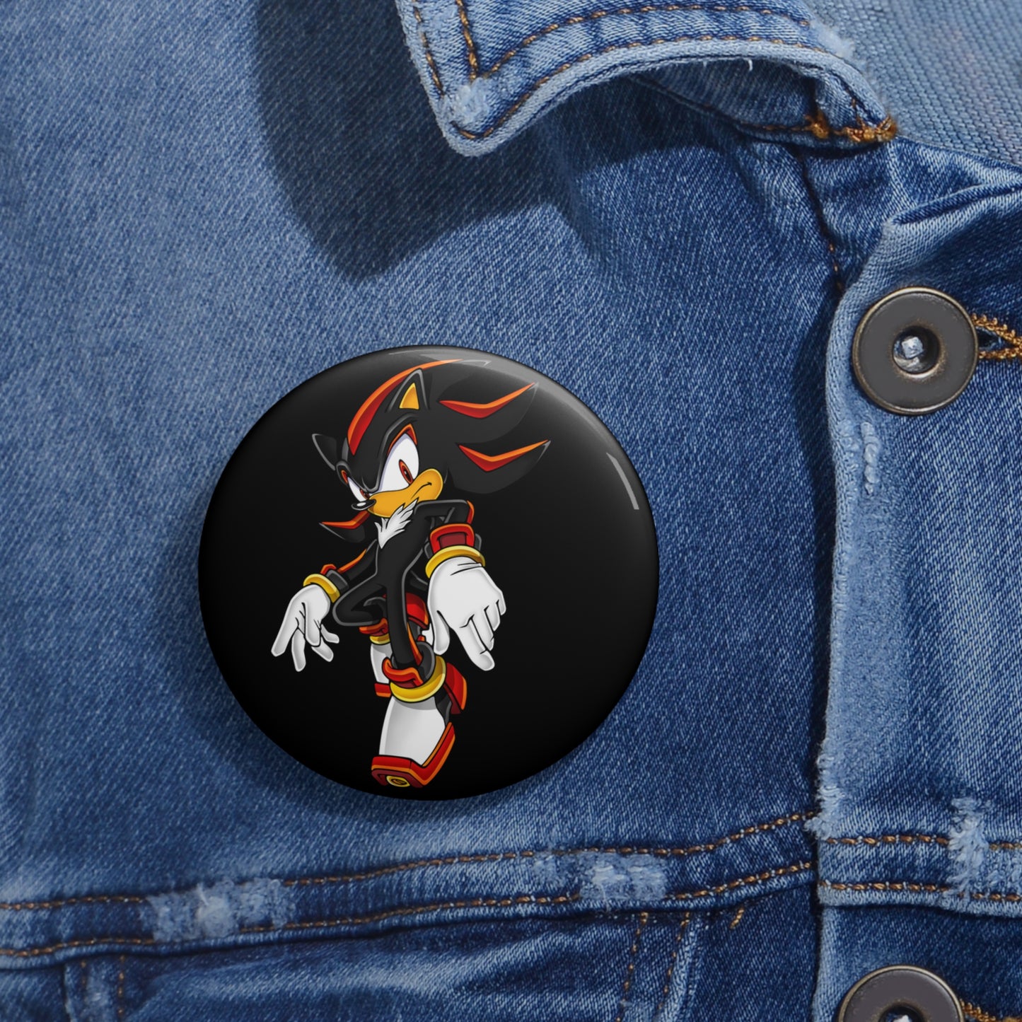 Shadow the Hedgehog custom pin buttons, metal pin with safety backing, UV-resistant glossy finish, durable Shadow pins, 3 size options
