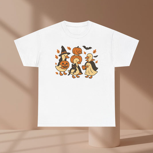Halloween Duck Tee, Funny Pumpkin Duck Shirt, Witch Duck, Spooky Season Costume, Unisex Cotton T-Shirt, Duck with Black Cat, Halloween Gift