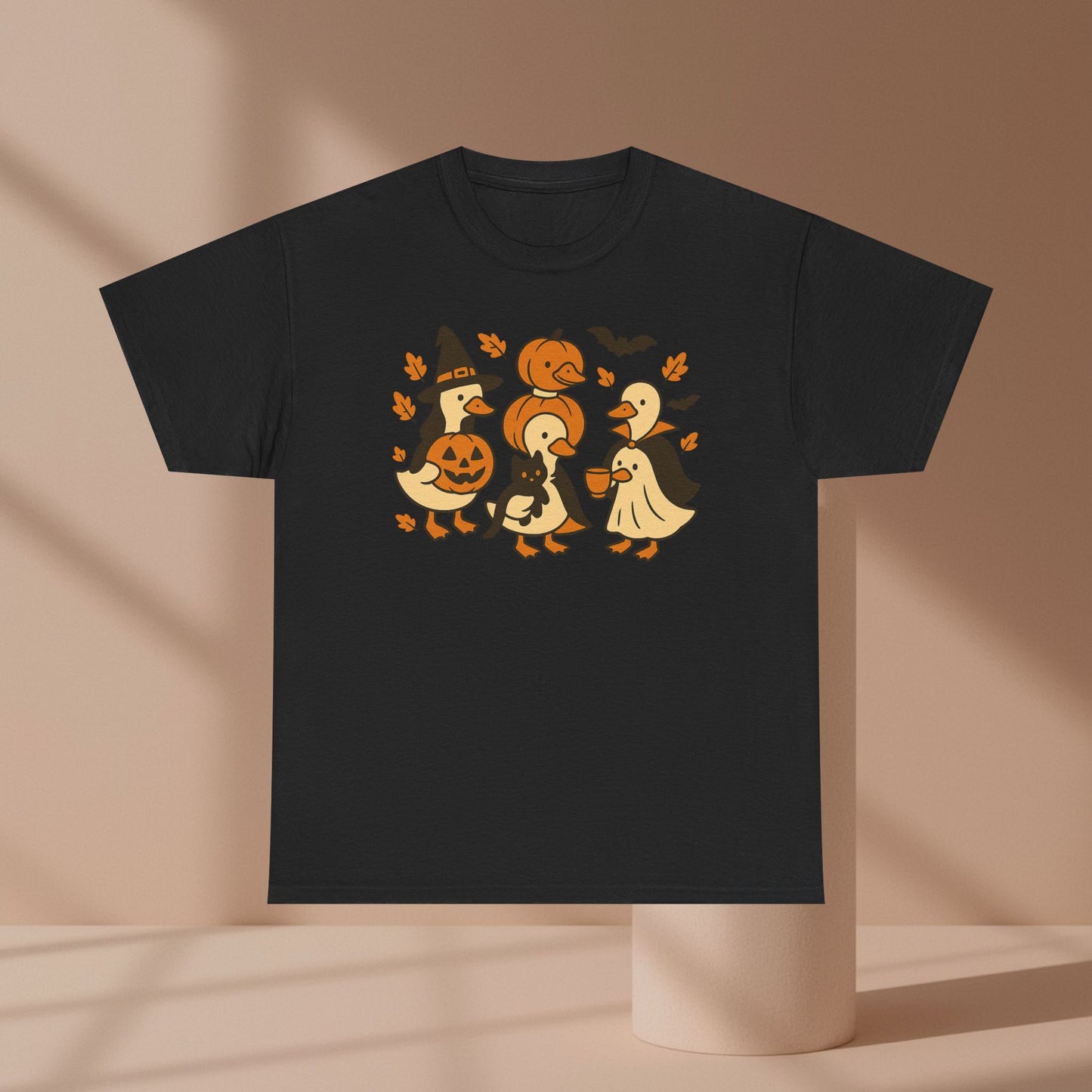 Halloween Duck Tee, Funny Pumpkin Duck Shirt, Witch Duck, Spooky Season Costume, Unisex Cotton T-Shirt, Duck with Black Cat, Halloween Gift