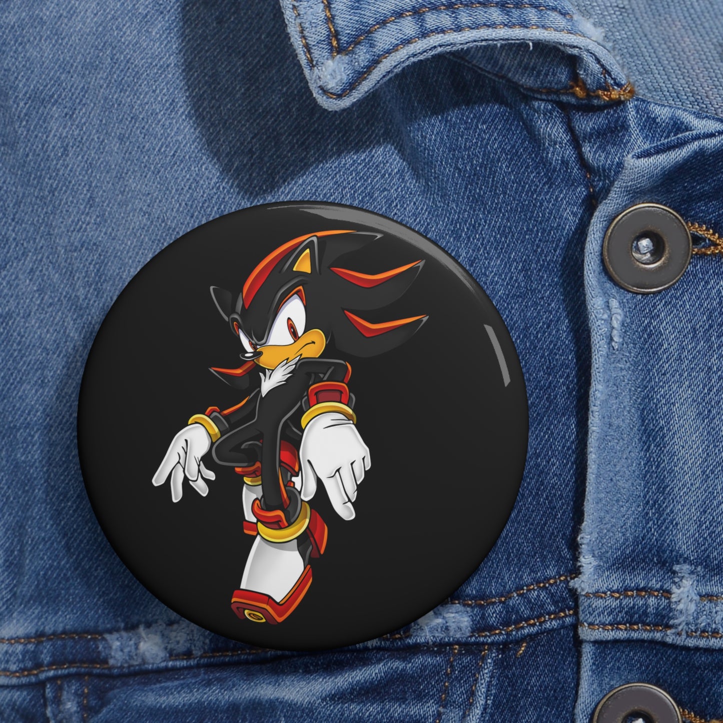 Shadow the Hedgehog custom pin buttons, metal pin with safety backing, UV-resistant glossy finish, durable Shadow pins, 3 size options