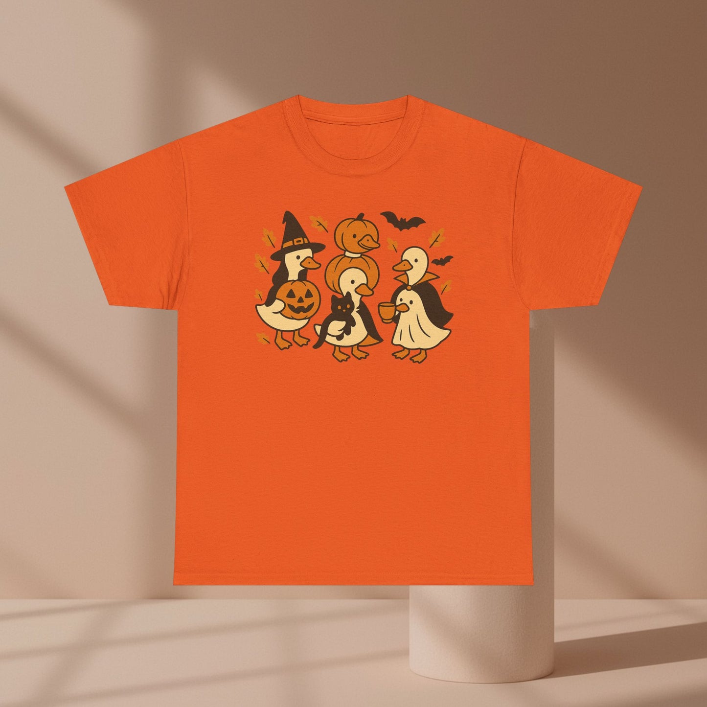 Halloween Duck Tee, Funny Pumpkin Duck Shirt, Witch Duck, Spooky Season Costume, Unisex Cotton T-Shirt, Duck with Black Cat, Halloween Gift