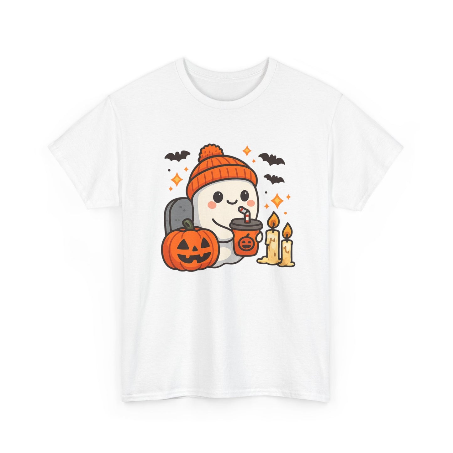 Ghostly Halloween Tee, Cute Pumpkin Season Shirt, Spooky Fall T-Shirt, Unisex Heavy Cotton Tee, Drinking Ghost Shirt, Halloween Gift
