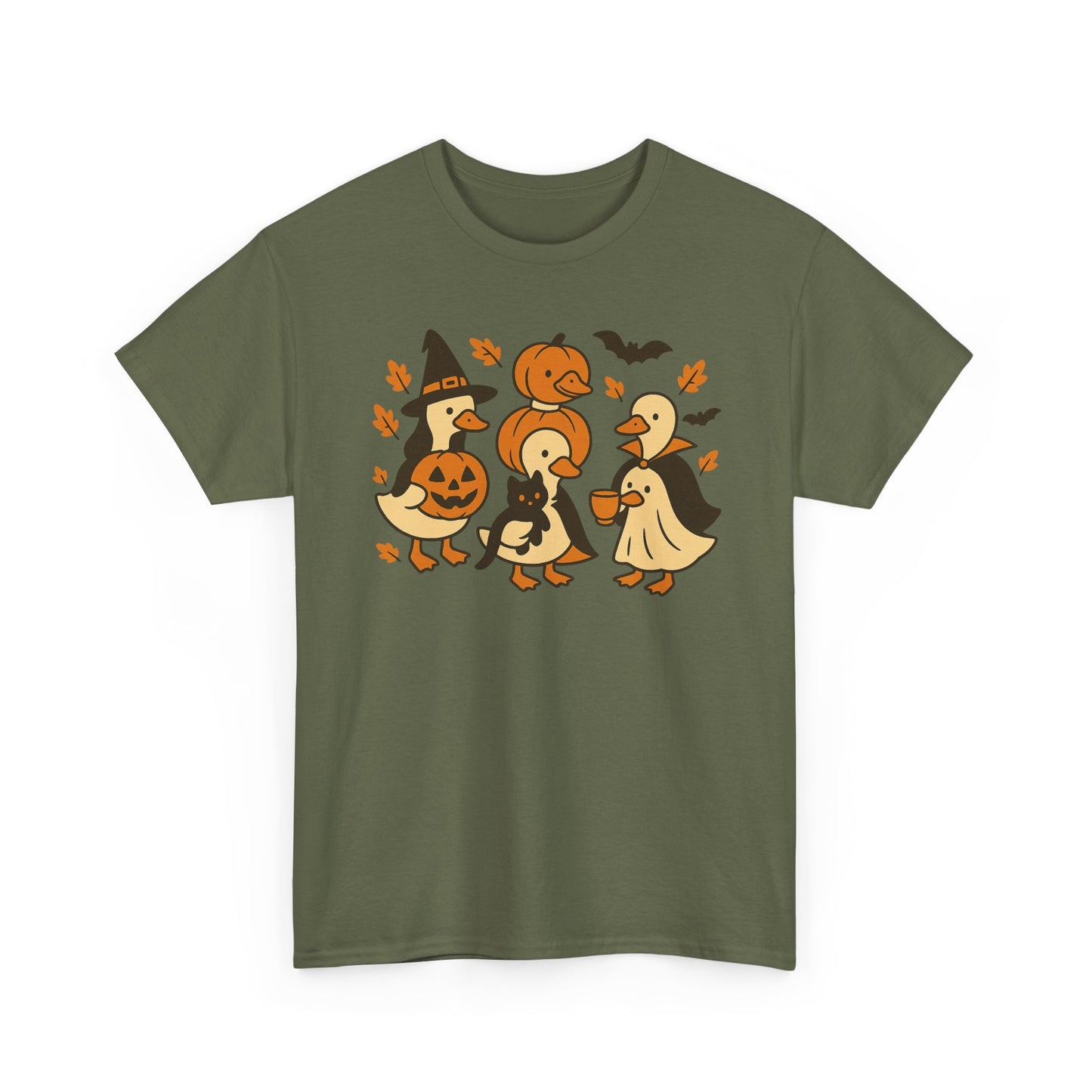 Halloween Duck Tee, Funny Pumpkin Duck Shirt, Witch Duck, Spooky Season Costume, Unisex Cotton T-Shirt, Duck with Black Cat, Halloween Gift