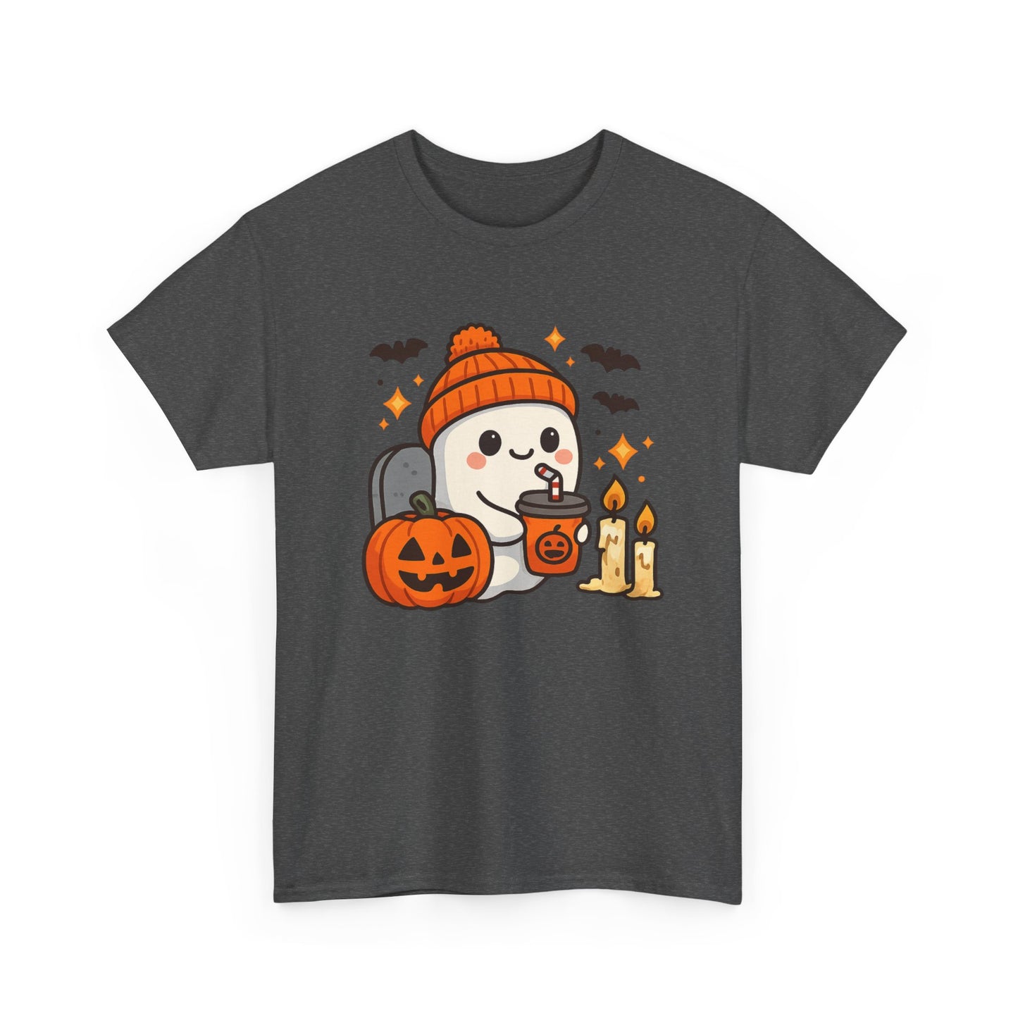 Ghostly Halloween Tee, Cute Pumpkin Season Shirt, Spooky Fall T-Shirt, Unisex Heavy Cotton Tee, Drinking Ghost Shirt, Halloween Gift