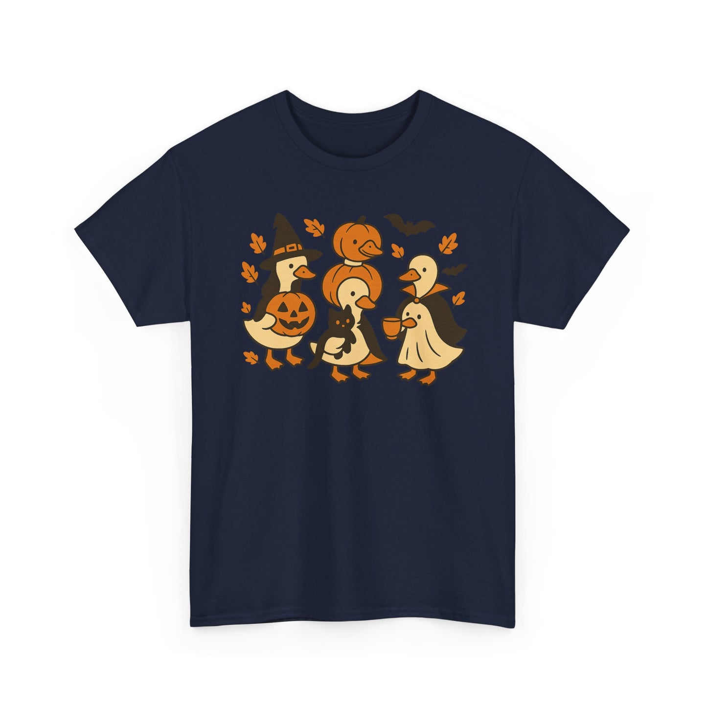 Halloween Duck Tee, Funny Pumpkin Duck Shirt, Witch Duck, Spooky Season Costume, Unisex Cotton T-Shirt, Duck with Black Cat, Halloween Gift