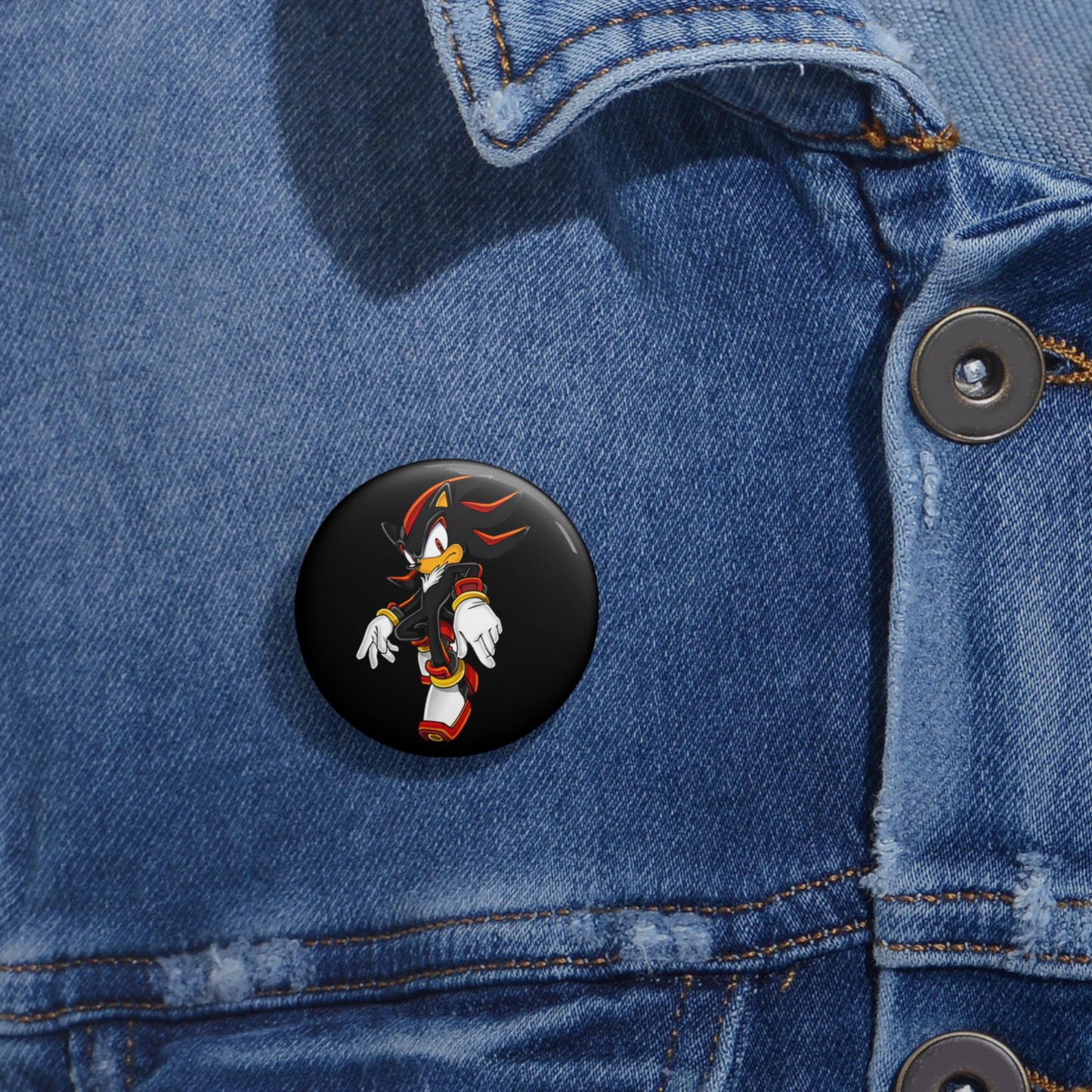 Shadow the Hedgehog custom pin buttons, metal pin with safety backing, UV-resistant glossy finish, durable Shadow pins, 3 size options