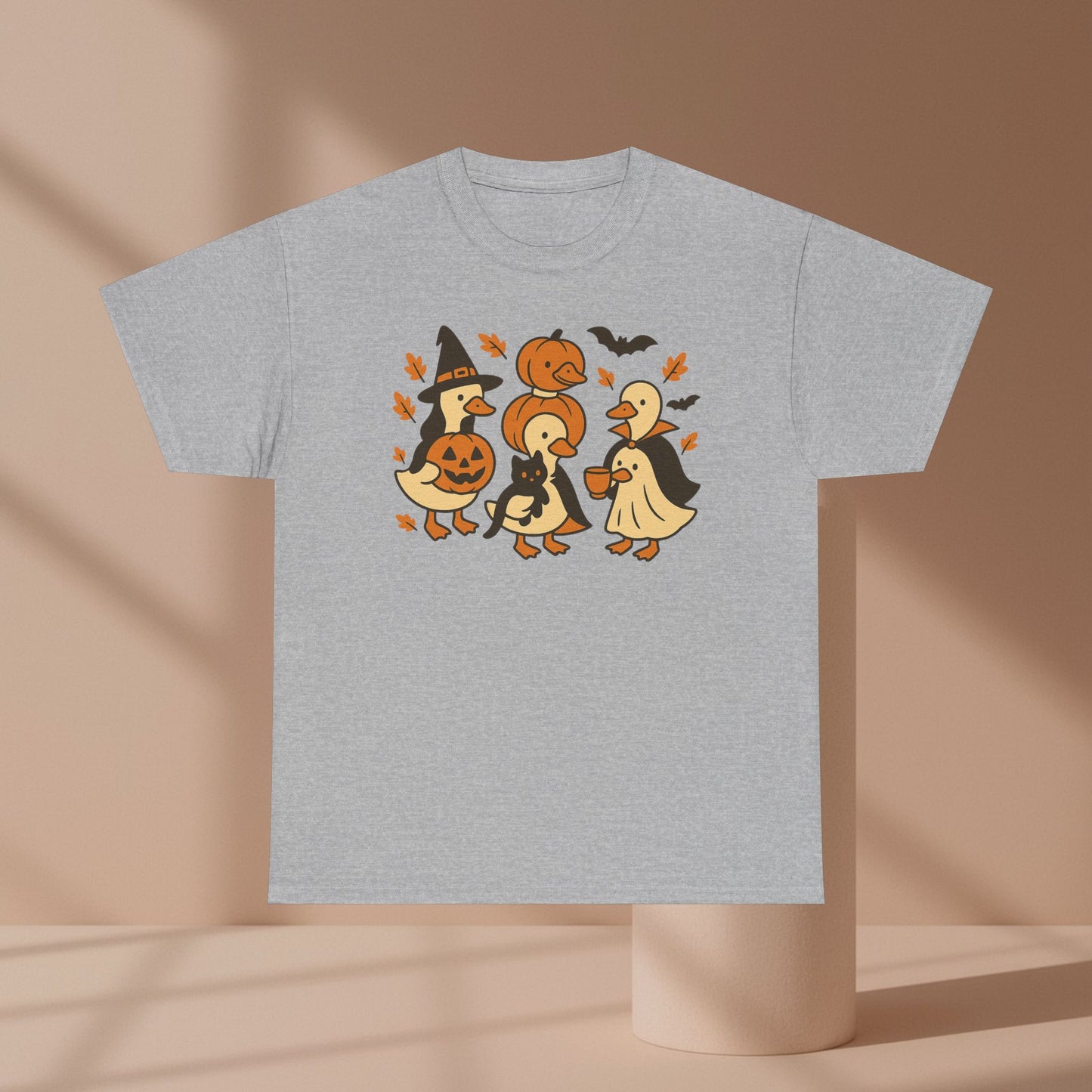Halloween Duck Tee, Funny Pumpkin Duck Shirt, Witch Duck, Spooky Season Costume, Unisex Cotton T-Shirt, Duck with Black Cat, Halloween Gift
