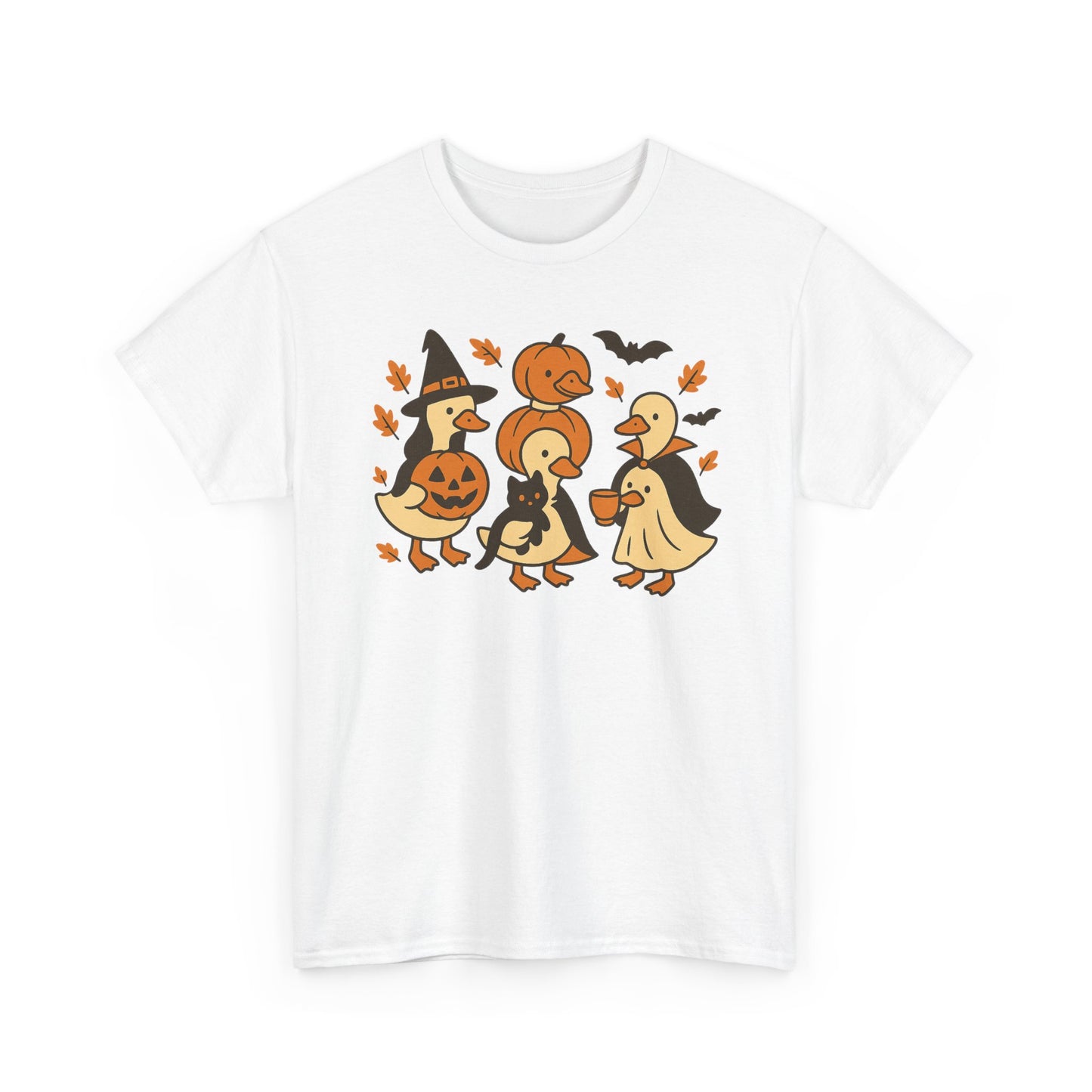 Halloween Duck Tee, Funny Pumpkin Duck Shirt, Witch Duck, Spooky Season Costume, Unisex Cotton T-Shirt, Duck with Black Cat, Halloween Gift