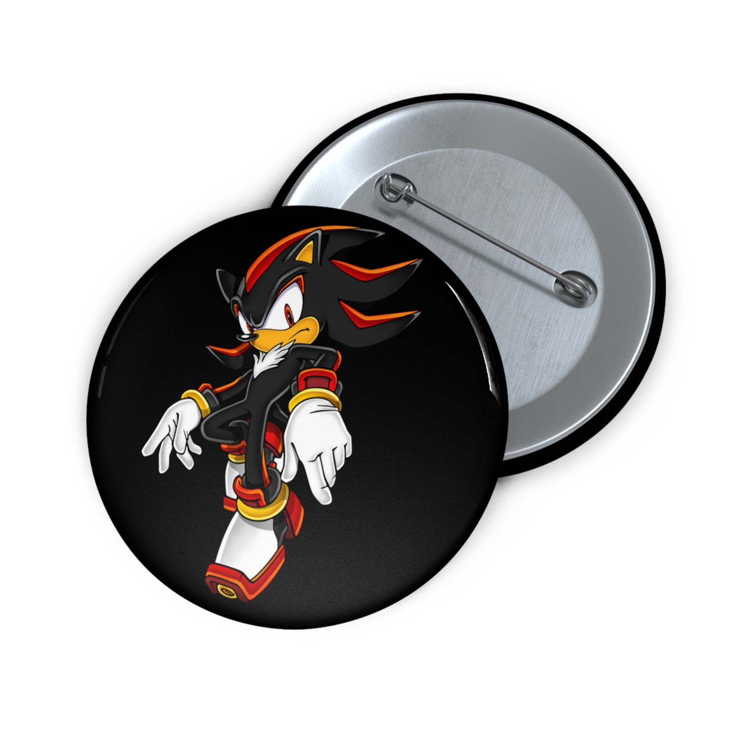 Shadow the Hedgehog custom pin buttons, metal pin with safety backing, UV-resistant glossy finish, durable Shadow pins, 3 size options